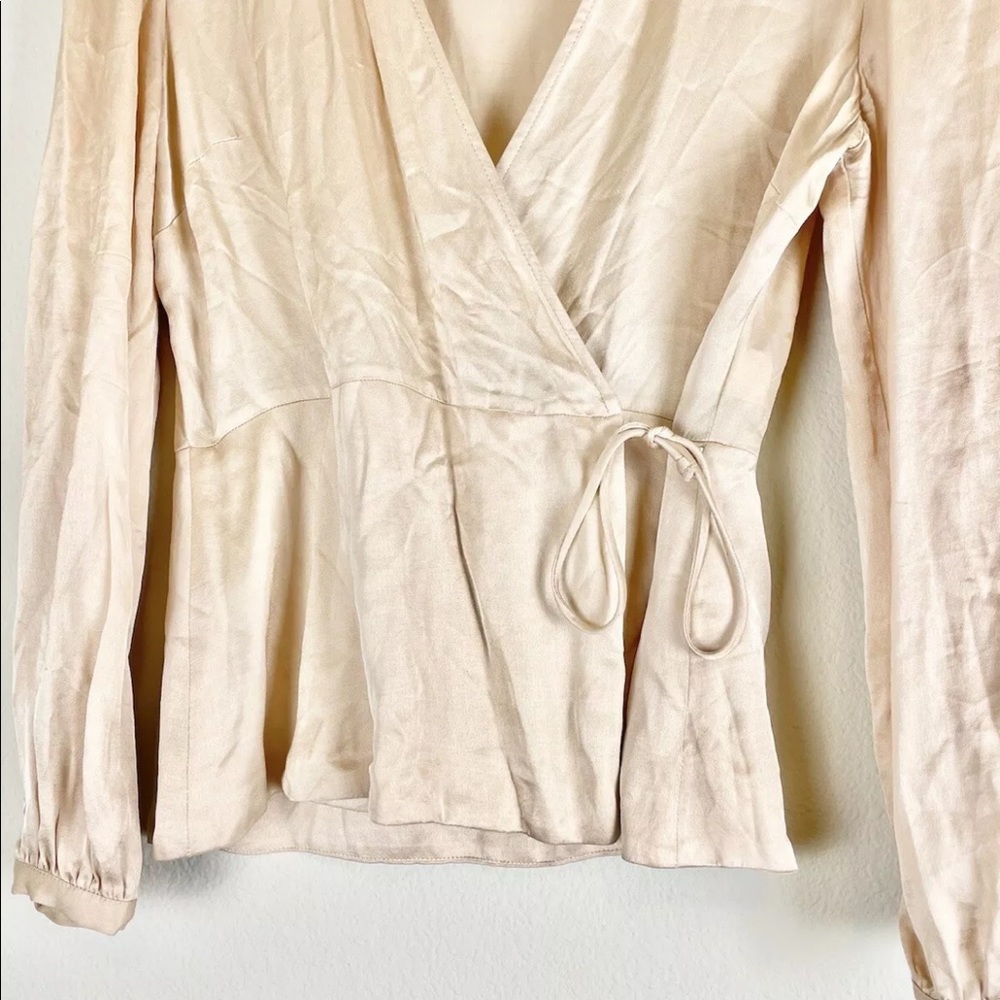 Zara Blouse Small Womens Pink Satin V-Neck Long Sleeve Genuine Wrap Top Viscose - Picture 5 of 12